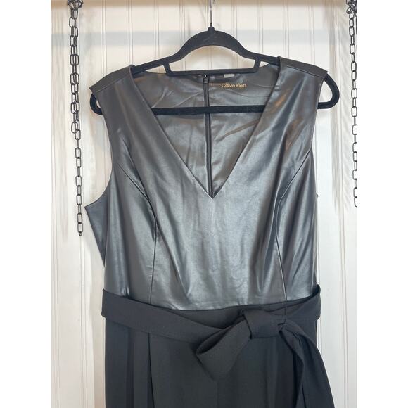 Calvin Klein Mix Media Cropped Jumpsuit Black with Faux Leather Top V-Neck 16 - Picture 3 of 9